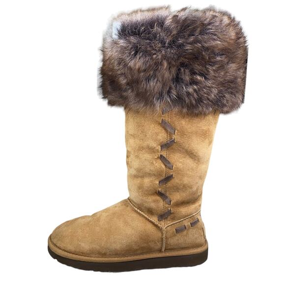 UGG Women's Rosana Chestnut Suede Fur Cuffed Wionter Boot Size US 8 - Picture 3 of 9